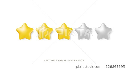 Three glossy gold stars in row for customer review. 3d realistic vector 5 yellow star objects design Three glossy gold stars in row for customer review. 3d realistic vector 5 yellow star objects design 126865695