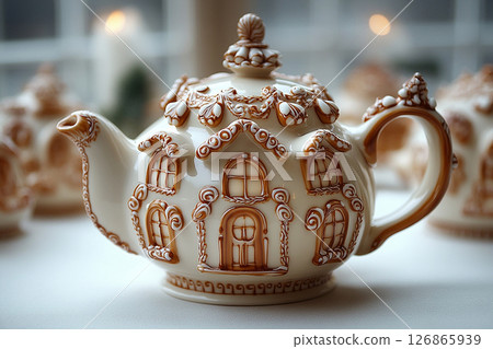 Ceramic teapot in shape of a house in a rustic style on a white background. Ceramic teapot in shape of a house in a rustic style on a white background. 126865939