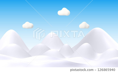Minimalistic 3D Vector Illustration of Snowy Hills and Clouds 126865940