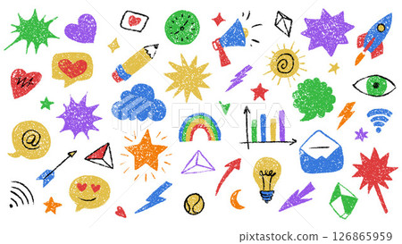 Colorful Crayon Doodle Icons Representing Various Concepts and Symbols 126865959
