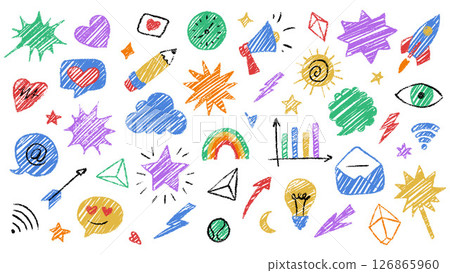Colorful Crayon Doodle Icons Representing Various Concepts and Emotions 126865960