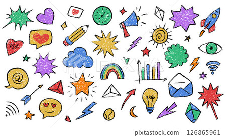 Colorful Hand-Drawn Crayon Doodle Icons Featuring Elements and Symbols on White Background 126865961