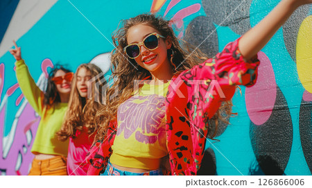 Young women enjoy a sunny day near a colorful graffiti wall, smiling and laughing. They wear stylish sunglasses and vibrant, retro-inspired clothing. This is AI-generated item 126866006
