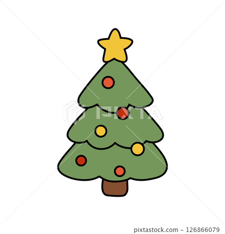 Festive vector illustration of a decorated Christmas tree with a star topper and colorful ornaments. Perfect for holiday cards, seasonal designs, and festive promotions. 126866079