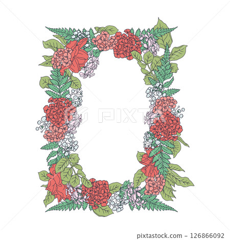 Beautiful hand drawn line art pink rose flowers and leaves vertical rectangle wreath Beautiful hand drawn line art pink rose flowers and leaves vertical rectangle wreath 126866092