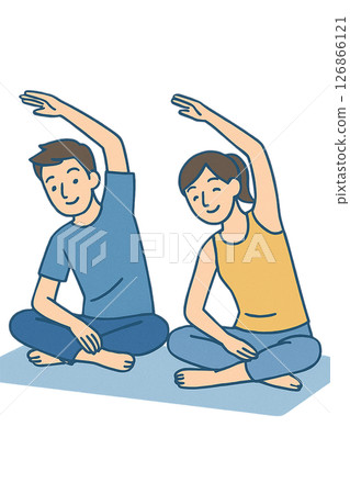 一位男士和一位女士在瑜珈墊上伸展身體的插圖 126866121