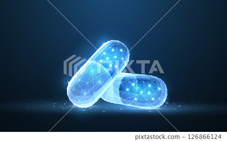Pills. Abstract 3d polygonal wireframe two capsule pills on blue background with dots and stars. Pills. Abstract 3d polygonal wireframe two capsule pills on blue background with dots and stars. 126866124