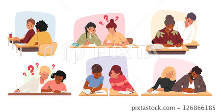 School pupils and university students characters cheating on exam lesson copying classmate answers School pupils and university students characters cheating on exam lesson copying classmate answers 126866185