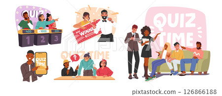 Happy people cartoon characters enjoying participation in quiz game show isolated scene set 126866188