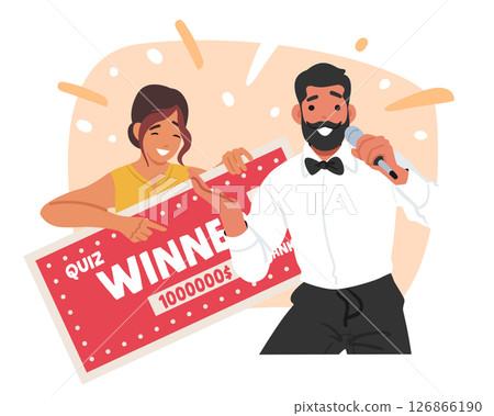 Male host congratulating happy smiling lucky female winner of quiz game TV show cartoon scene 126866190