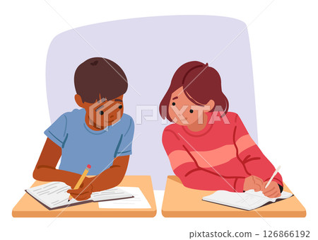 Boy and girl students classmates using cheat sheets in class during examination cartoon scene 126866192