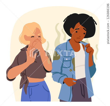 Woman showcasing disgust due to bad smell of sweaty clothes from female passerby on street Woman showcasing disgust due to bad smell of sweaty clothes from female passerby on street 126866196
