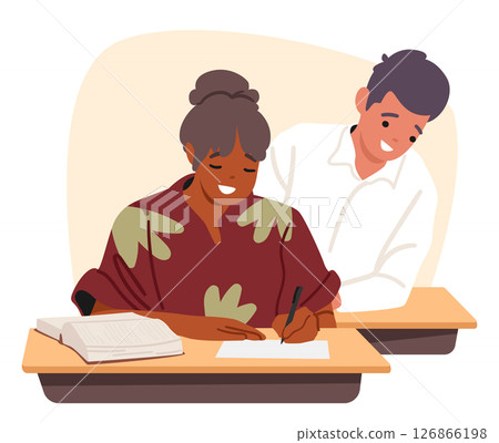 Teenage students writing exam test, guy cheating answers from female classmate sitting behind Teenage students writing exam test, guy cheating answers from female classmate sitting behind 126866198