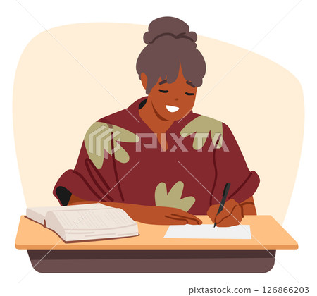 Clever teenage girl student cartoon character preparing for exam writing cheat of sheets in class Clever teenage girl student cartoon character preparing for exam writing cheat of sheets in class 126866203