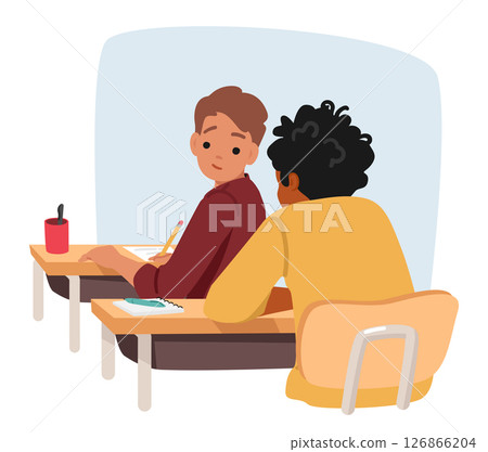 School boy student cartoon character cheating answers from classmate during exam test in classroom School boy student cartoon character cheating answers from classmate during exam test in classroom 126866204