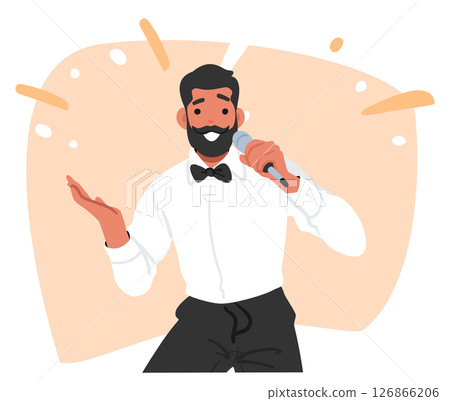Ecstatic quiz game show host cartoon character wearing suit talking in microphone announcing winner 126866206
