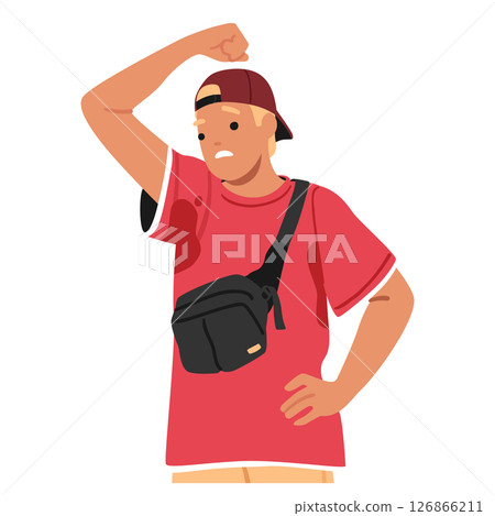 Teenage guy cartoon character feeling disgust due to sweaty armpits and wet stain on clothes 126866211