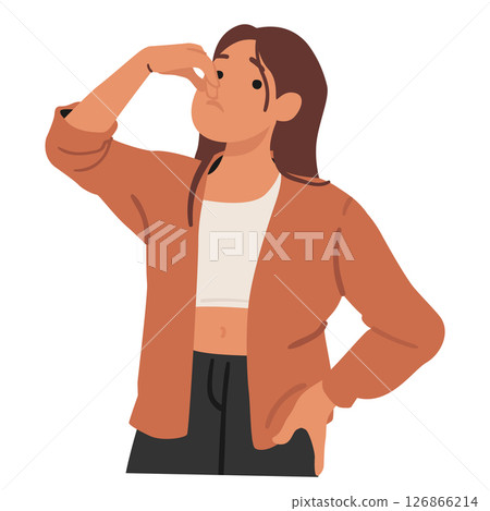 Woman cartoon character feeling dissatisfied suffering from bad smell covering nose portrait 126866214
