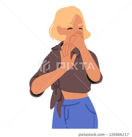 Young woman cartoon character feeling bad smell covering nose gesturing stop sign isolated on white 126866217