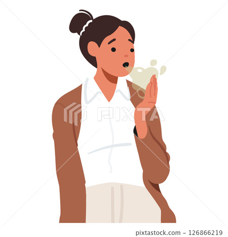 Young woman cartoon character having problem with bed smell from mouth isolated portrait on white 126866219