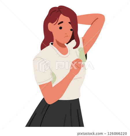 Unhappy woman cartoon character grimacing face feeling bad smell from wet sweaty clothes in armpits Unhappy woman cartoon character grimacing face feeling bad smell from wet sweaty clothes in armpits 126866220