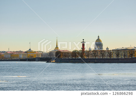 ice drift on the Neva River with a view of the arrow of Vasilyevsky Island with rostral columns, the Winter Palace, St. Isaac's Cathedral, the Savior on Spilled Blood ice drift on the Neva River with a view of the arrow of Vasilyevsky Island with rostral columns, the Winter Palace, St. Isaac's Cathedral, the Savior on Spilled Blood 126866298