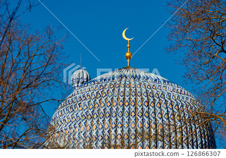 The blue dome with the golden crescent of the mosque in St.Petersburg - Russia through the branches of trees on a clear spring day The blue dome with the golden crescent of the mosque in St.Petersburg - Russia through the branches of trees on a clear spring day 126866307