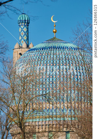 The blue dome with the golden crescent of the mosque in St.Petersburg - Russia through the branches of trees on a clear spring day The blue dome with the golden crescent of the mosque in St.Petersburg - Russia through the branches of trees on a clear spring day 126866315