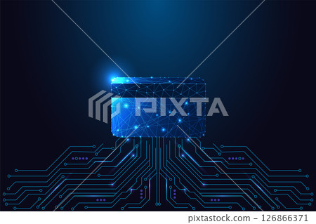 Online payments, fintech, cybersecurity, banking tech concept with digital credit card and circuit 126866371