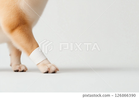 A cute Shiba Inu dog with a bandage on its paw, lying on a soft cream surface 126866390