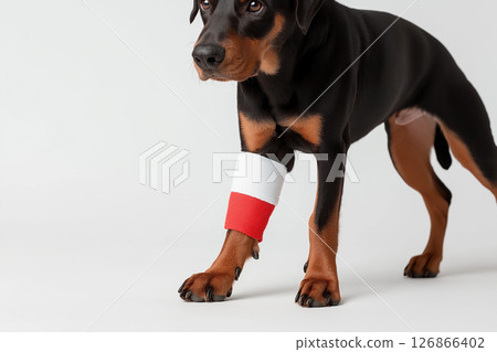 Rottweiler dog with bandage showing recovery and veterinary care for injured pet Rottweiler dog with bandage showing recovery and veterinary care for injured pet 126866402