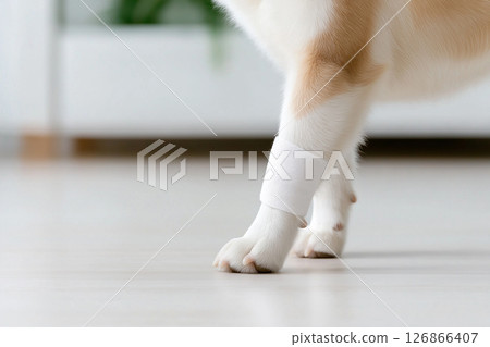 Cat with Bengal bandage: pet injury, animal care and recovery on paw floor. 126866407