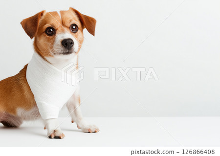 Adorable Jack Russell dog with bandage, injured but healing, small and cute puppy for pet lovers 126866408
