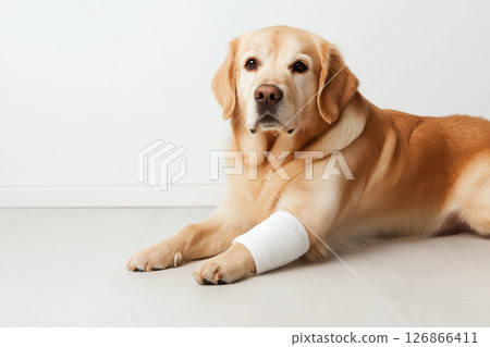 Injured Golden Retriever: Cute Pet Dog with Bandaged Paw and Fluffy Fur Injured Golden Retriever: Cute Pet Dog with Bandaged Paw and Fluffy Fur 126866411