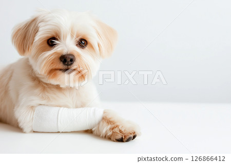 Adorable Maltese puppy with a bandaged paw, showcasing fluffy fur and playful expression Adorable Maltese puppy with a bandaged paw, showcasing fluffy fur and playful expression 126866412