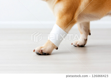 Corgi dog with bandage on leg, showcasing veterinary care for injured puppy and health recovery 126866423