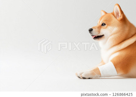 Cute Shiba dog with bandaged paw, perfect for pet lovers and canine enthusiasts alike Cute Shiba dog with bandaged paw, perfect for pet lovers and canine enthusiasts alike 126866425