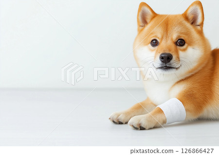 Adorable Shiba Inu puppy with bandaged paw, resting cute and playful pet companion at home 126866427