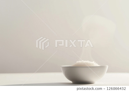 Steam rising from a bowl of hot white rice in a minimalist kitchen setting 126866432