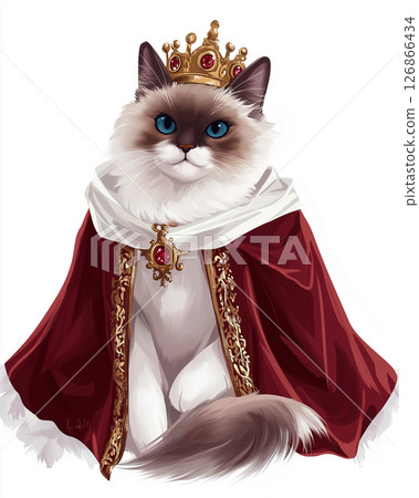 Majestic Ragdoll Cat in Regal Crown and Rich Costume - Royal Feline Portrait with Elegant Fur 126866434