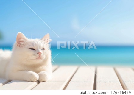 Turkish Van cat relaxing on the beach with white fur under the summer sun and blue sky 126866439