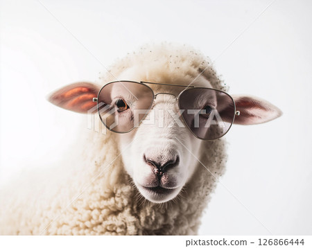 Stylish sheep wearing glasses in a portrait with wool and fashionable animal details 126866444