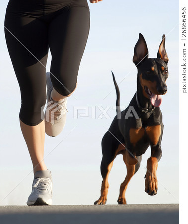 Doberman and athlete running together outdoors for fitness and exercise. Doberman and athlete running together outdoors for fitness and exercise. 126866456