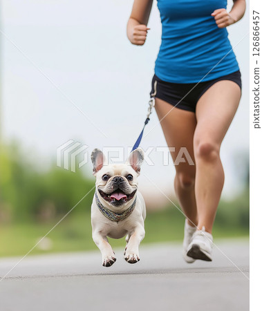 Bulldog running with woman on leash outdoors, exercise and fitness with happy pet 126866457
