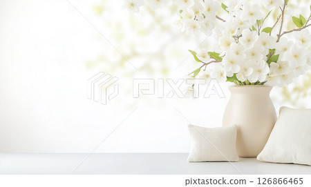 White blossoms in a vase with cushions, featuring floral decor and soft petals arrangement White blossoms in a vase with cushions, featuring floral decor and soft petals arrangement 126866465
