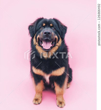 Rottweiler Dog Sitting on Pink Background with Fluffy Fur and Playful Tongue Expression Rottweiler Dog Sitting on Pink Background with Fluffy Fur and Playful Tongue Expression 126866492