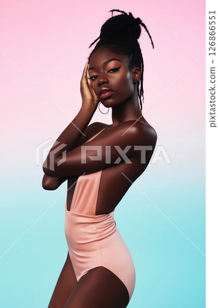 Portrait fashion model displaying beauty and grace in a stylish swimsuit backdrop Portrait fashion model displaying beauty and grace in a stylish swimsuit backdrop 126866551