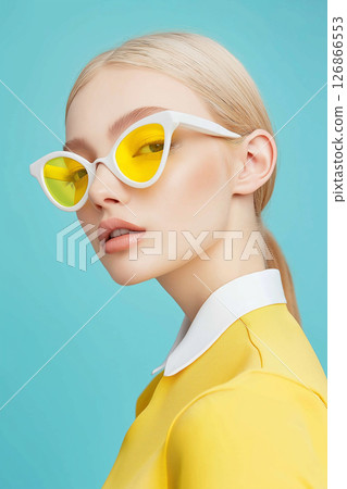 Portrait of a fashionable model in yellow outfit wearing trendy glasses, chic and elegant style. Portrait of a fashionable model in yellow outfit wearing trendy glasses, chic and elegant style. 126866553