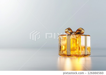 Gift present box with ribbon in gold, shiny wrap for celebration and luxury festive surprise 126866560