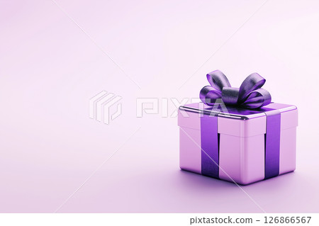 Gift present box with purple ribbon and bow for a special elegant celebration surprise decor Gift present box with purple ribbon and bow for a special elegant celebration surprise decor 126866567